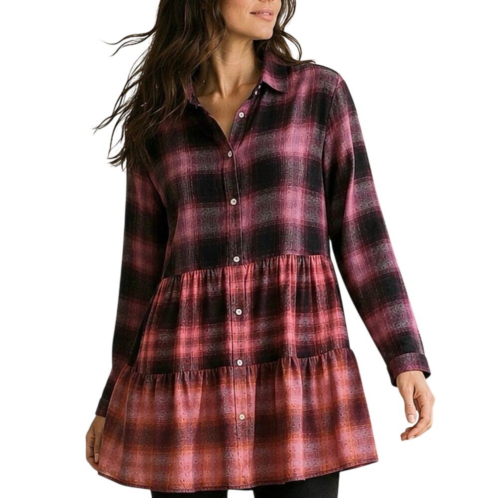 J. Jill Ombre Plaid Tiered Tunic Flannel Shirt XL Pink Boho Western Peplum
